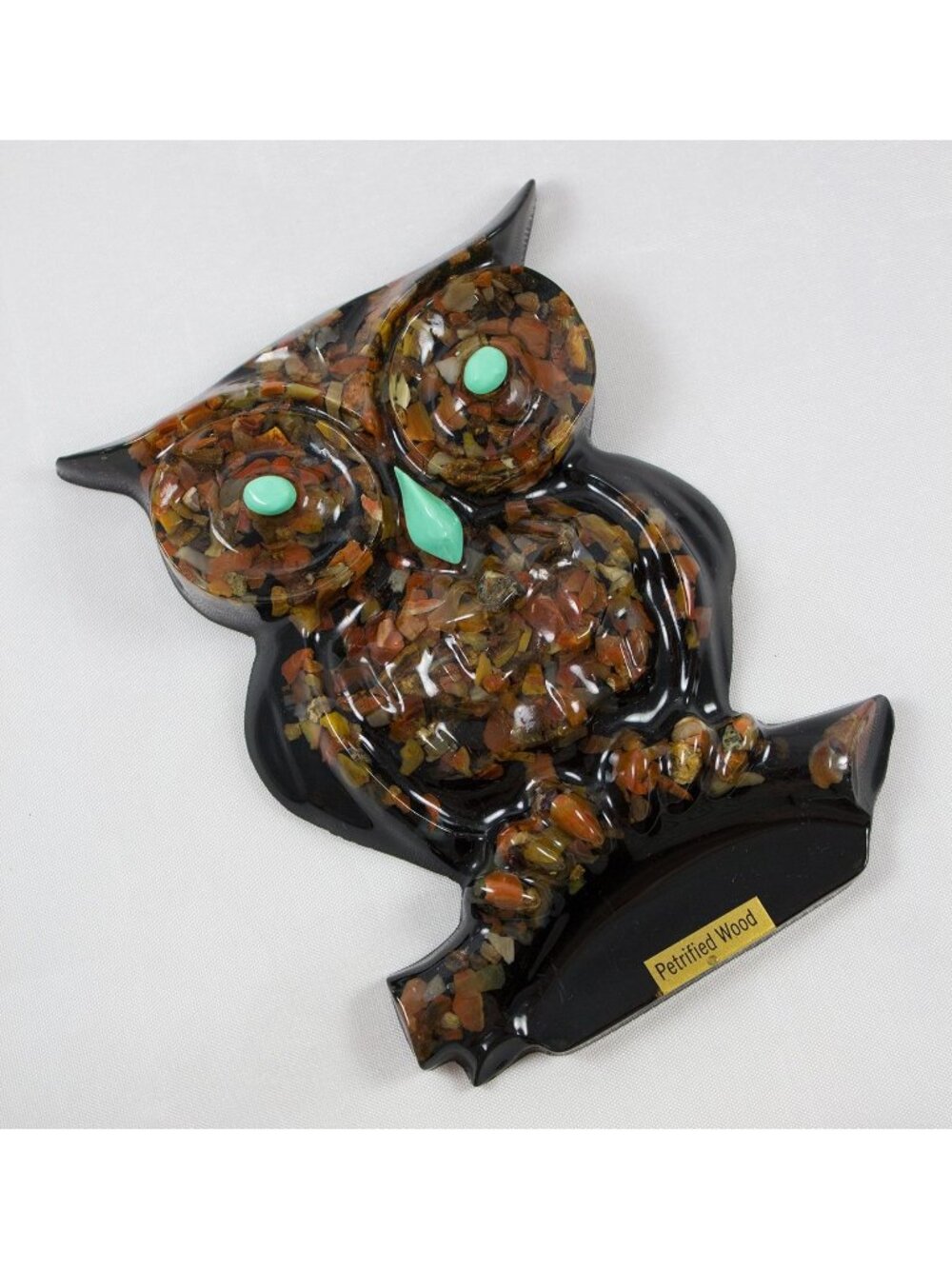 Vtg Petrified Wood Resin Owl Souvenir Wall Hanging Plaque 6.25"